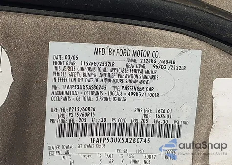 2005 Ford Taurus Se z USA, uszkodzony, nr VIN 1FAFP53UX5A280745